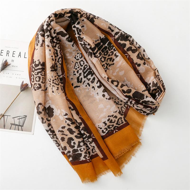 Eșarfă din bumbac și cânepă pentru patru anotimpuri, modă europeană și americană, model leopard, cu păr galben, subțire, eșarfă de mătase pentru femei