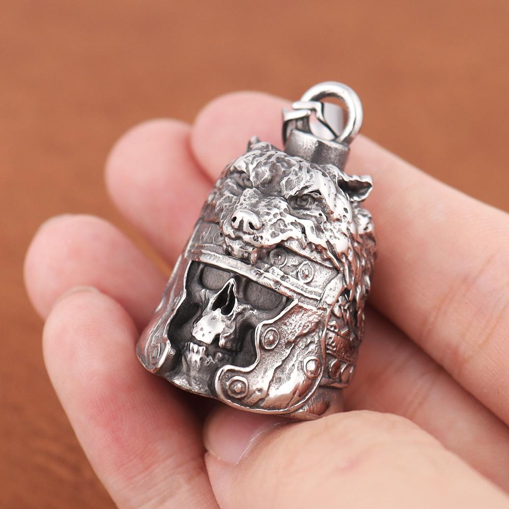 Vintage Gladiator Wolf Skull Guardian Bell Pendant Charm Stainless Steel Necklaces Punk Hip Hop Men Women Jewelry Halloween Gift