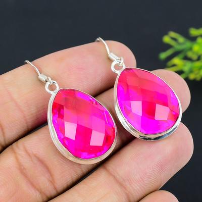 Natürlicher rosa Rubillit-Edelstein, 925er Sterling-Silber, Geschenk-Ohrring, 4,6 cm, Z0M41