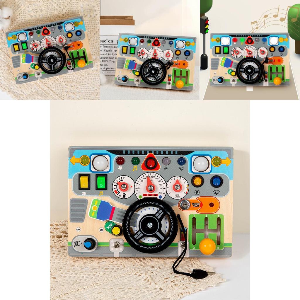 Wooden Childrens Simulated Steering Wheel Led Switch Busy Board Educational Toy For Early Learning