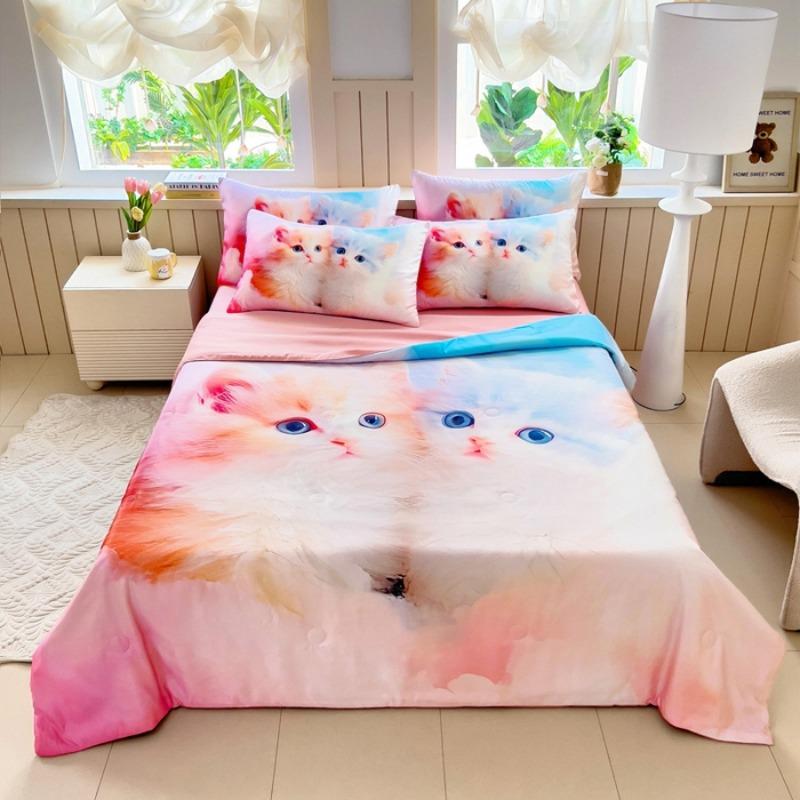 Class A Summer Quilt Four-piece Series Cute Cat Rabbit Printing Four-piece Summer Quilt Sheet Pillowcase