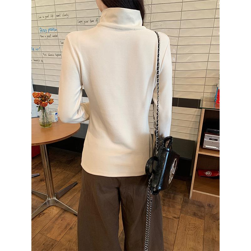 {Threaded German velvet 280g} Long-sleeved T-shirt women's autumn thin slim-fit black bottoming shirt zipper stand-up collar top