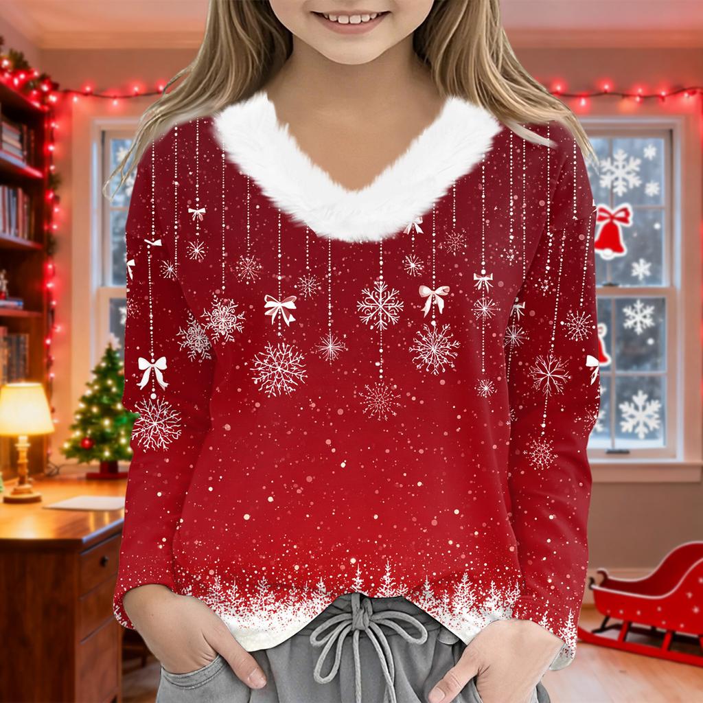 Christmas Day Girls Long Sleeve T Shirts Kids  Girls' V-Neck Tee Christmas Print Long Sleeve Top