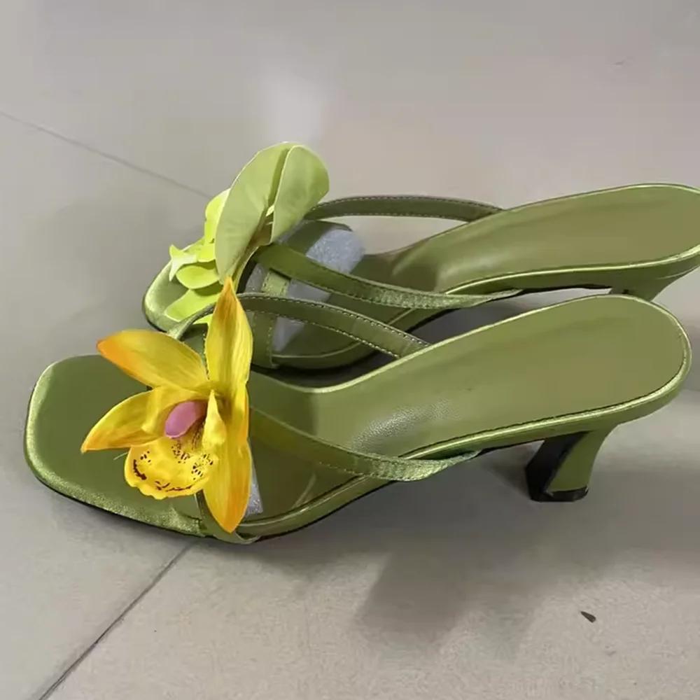 Flowers Decoration Flip Toe Slippers Sexy Square Toe Thin Heel Corss Tied Slip On New Arrivals Fashion Women Shoes