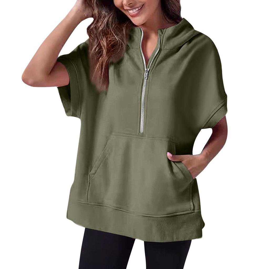 Sweat Capuche Avec Fermeture éclair Sweat à Capuche Manches Courtes Surdimensionné URWEIGH - Femme, Demi-Zip, Poches, Style Décontracté - Bleu Clair M Sweat Poche Fermeture
