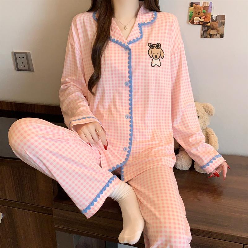 Roter gepunkteter Pyjama Damen High-End Frühling und Herbst Cartoon Muschel bestickter Rand Langarm Loungewear Set