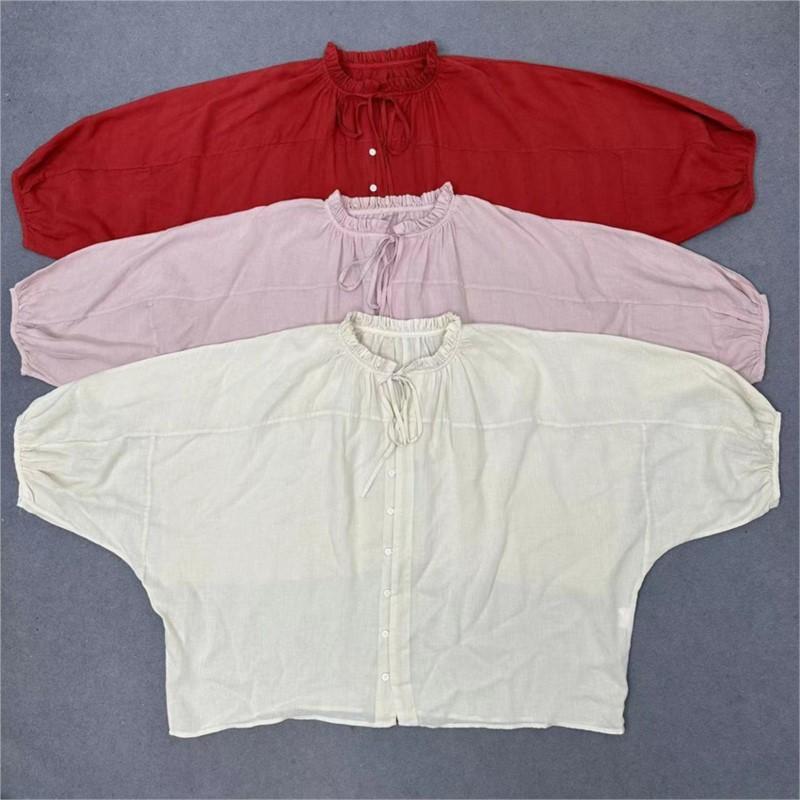 Johnature Japanische Casual Loose Bat Shirts Einfarbige Shirts Sommer Vintage Rüschen Kragen Krawatte Tops Frauen