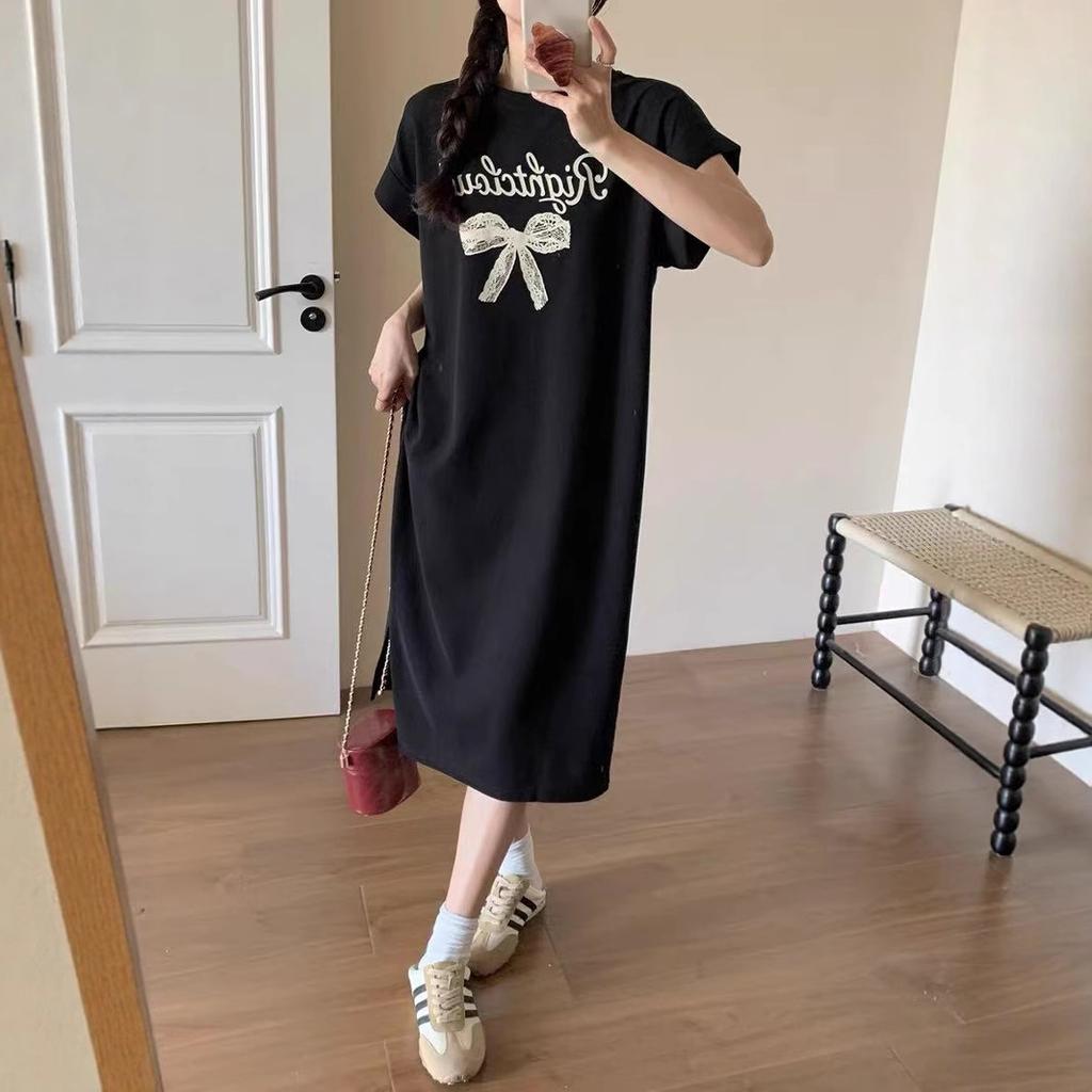 Korean alphabet print casual t-shirt dress women's lazy style loose medium and long knee split lazy skirt