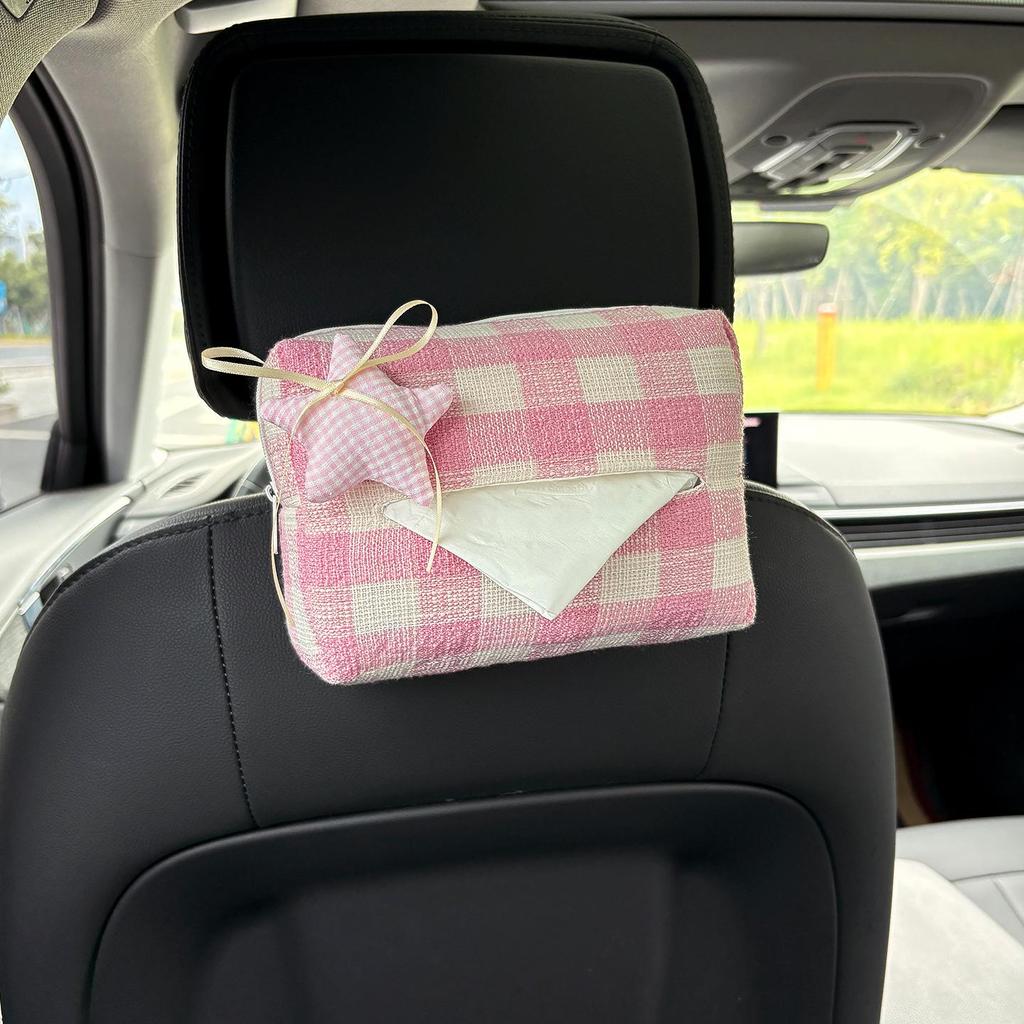 Cartoon Bear & Bunny Plaid Tissue Box for Car Seat Back, Armrest, or Sun Visor
