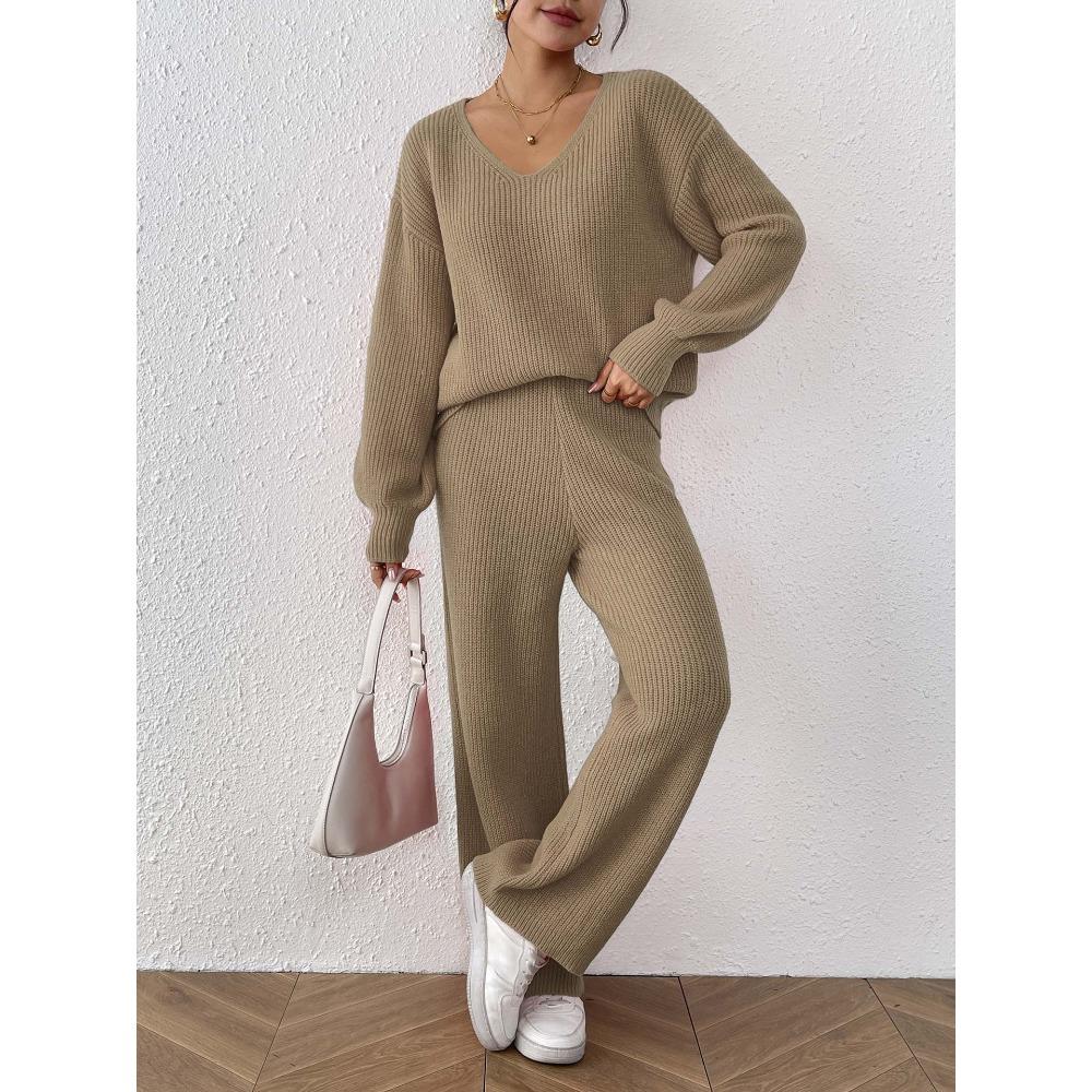 

Простой, повседневный и модный шерстяной костюм для женщин, состоящий из свободного топа с V-образным вырезом, однотонных брюк прямого кроя с широкими штанинами и свитера XL верблюд