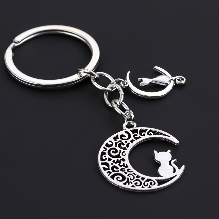 Glamour Antique Silvery Moon Cat Pendant Keychain Fashion Women's Pendant Men's Pendant Moon Cat Keyring Car Keychain Ring Souvenir Gifts