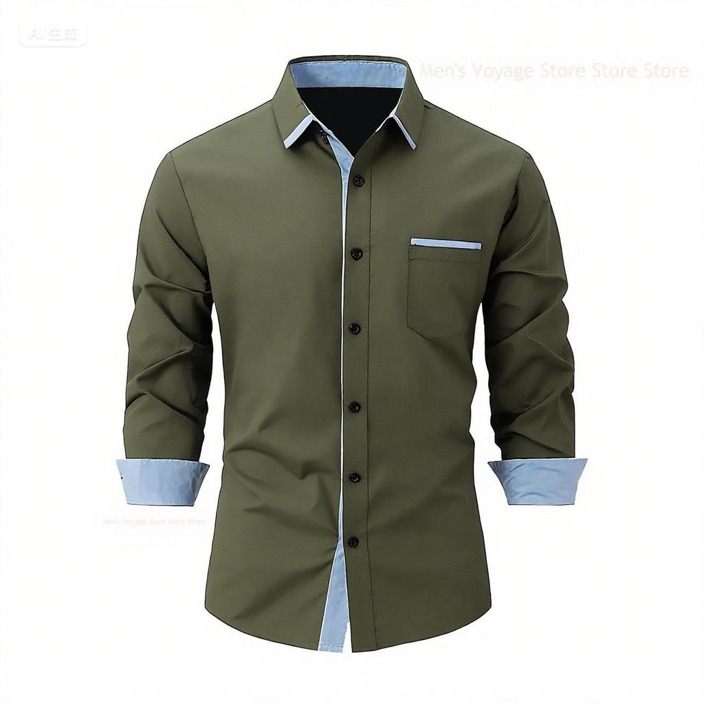 2026 Fashionable Men's Four-Way Stretch Men's Shirt Color Block Business Slim Long Sleeve High-End Shirt