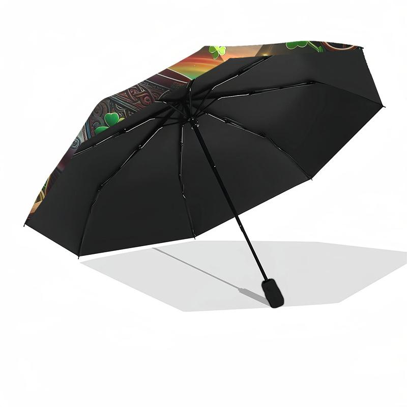Irish Luck: Four-Leaf Clover Embroidered Boot Decor Umbrella, Cute Umbrella with Cute Design, Portable 3-Fold Compact Umbrella for Men & Women, Valent