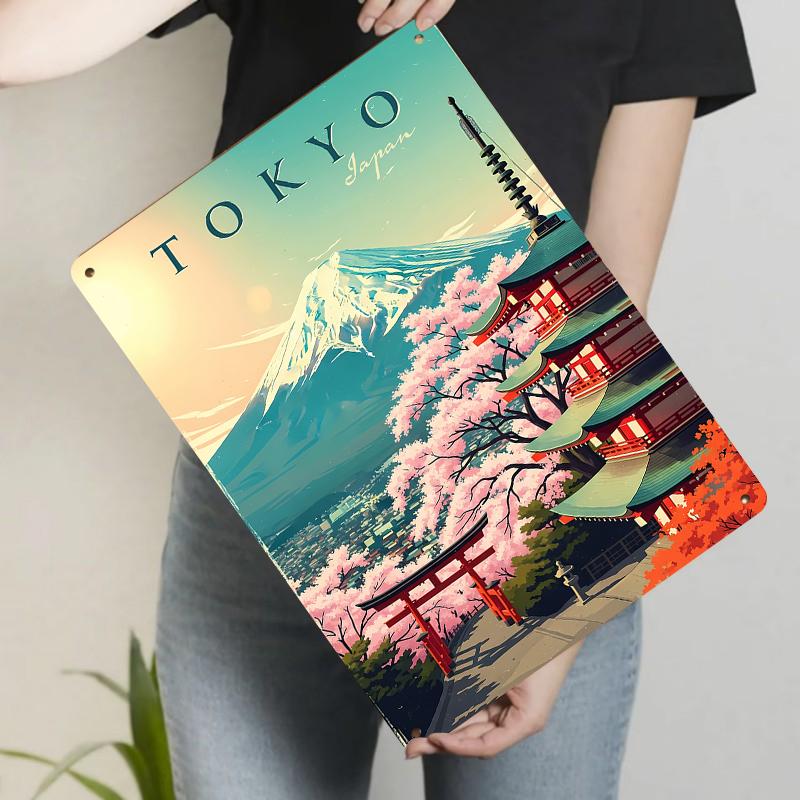Tokyo Fuji Mountain Sakura Temple Landscape Metal Tin Sign Vintage Wall Art Home Decor Poster