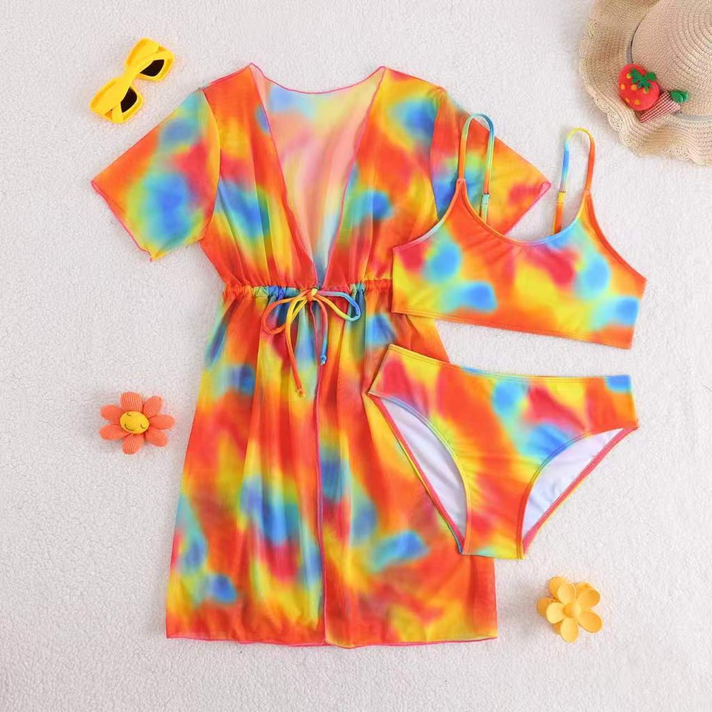 Girls Fashion Casual Two Piece High Waist Mesh Skirt Swimsuit Set Includes Cover Up Top and Bottom Suitable for Beach Pool