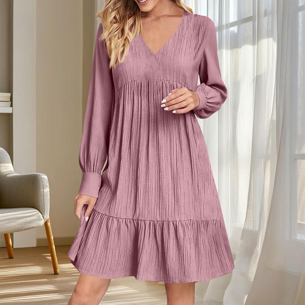 Women Casual V Neck Pleated High Waist Long Sleeve Loose Fit Dress with Ruffle Hem Lightweight Comfortable Fabric Suitable for Daily Wear