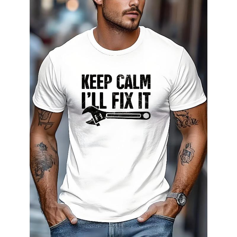 

European sizes Men S Outdoor Casual Sports T-Shirt Featuring a Fun Keep Calm, I M Here to Fix It Graphic - a Dark-Colored Round-Neck 4XL білий