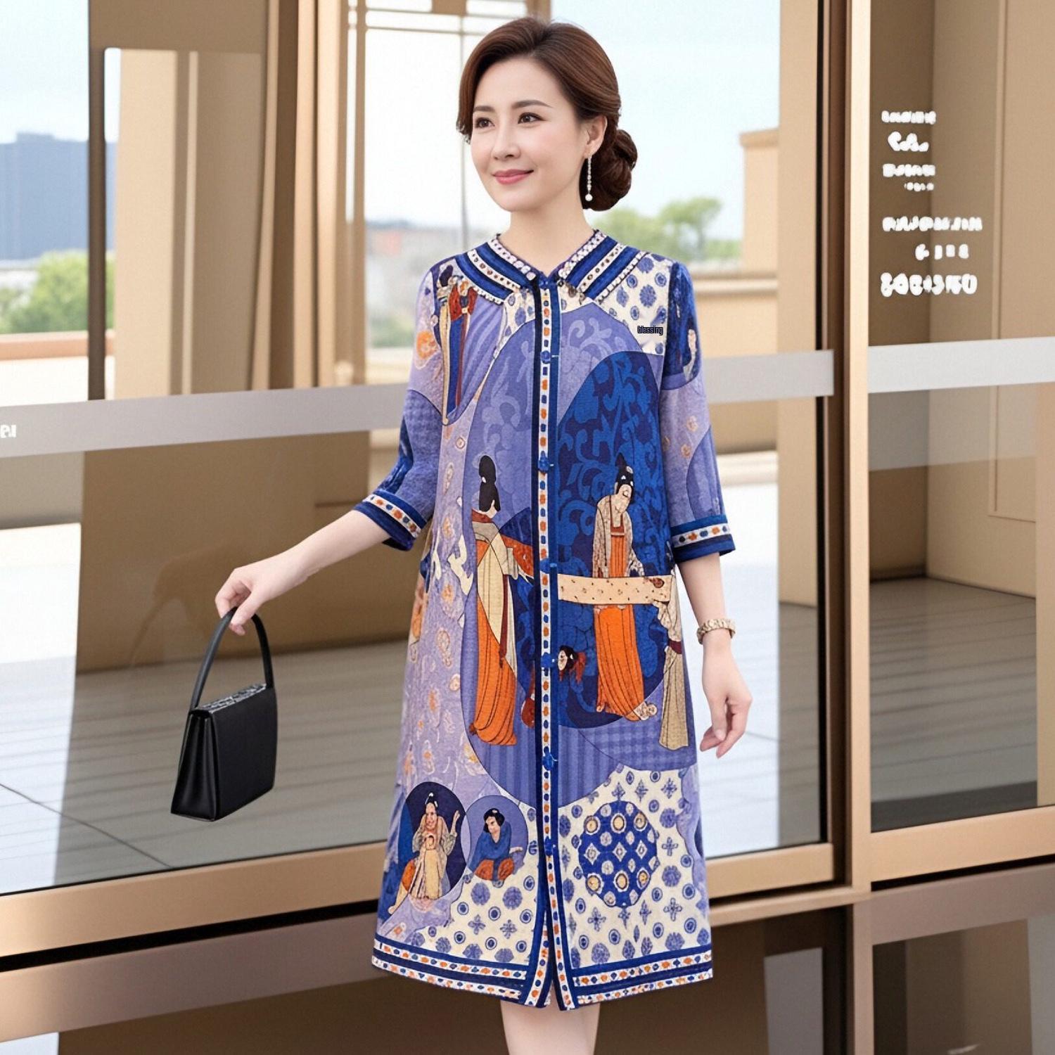 Фиолетовое ретро-платье в китайском стиле со складками для элегантных мам One Size фиолетовый