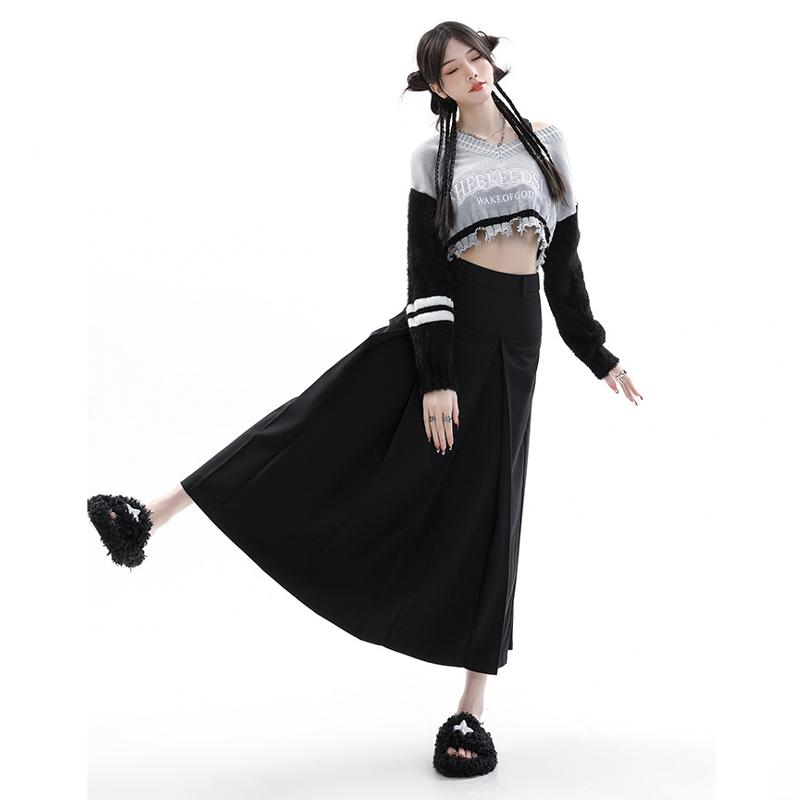 Vintage šedý oblek sukně do A Dámské jarní podzimní vysokoškolský styl s vysokým pasem skládaná střední délka sukně dámská