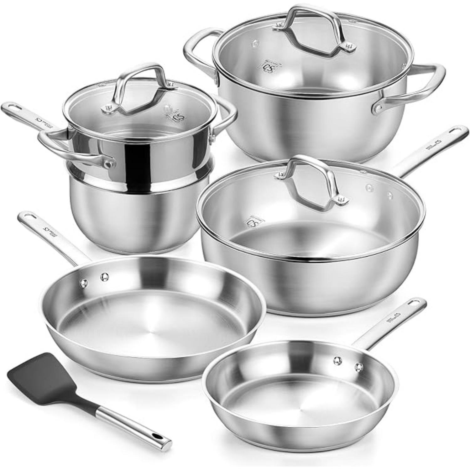 

MYVIT 10PCS Stainless Steel Pots and Pans Set Kitchen Cookware Sets for Kitchen Induction Nontoxic Kitchen Cooking Set