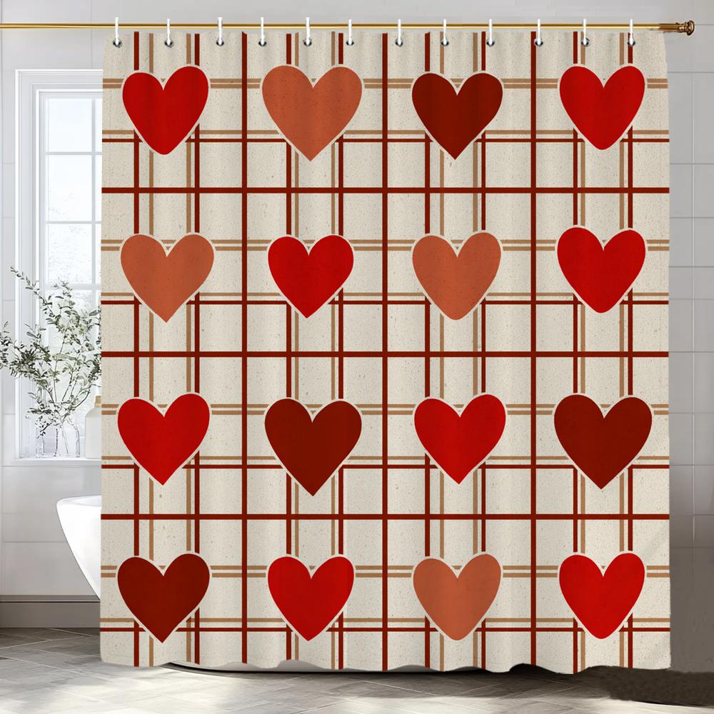 Modern heart-shaped Red Love Pattern Shower Curtain, Bathroom Decorative Shower Curtain, Waterproof Shower Curtain with Hooks