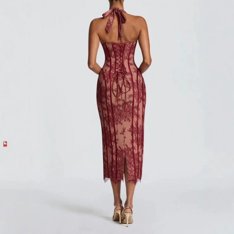 2026 Womens Lace Sleeveless Halter Neck Fitted Midi To Maxi Dress With Corset Waist
