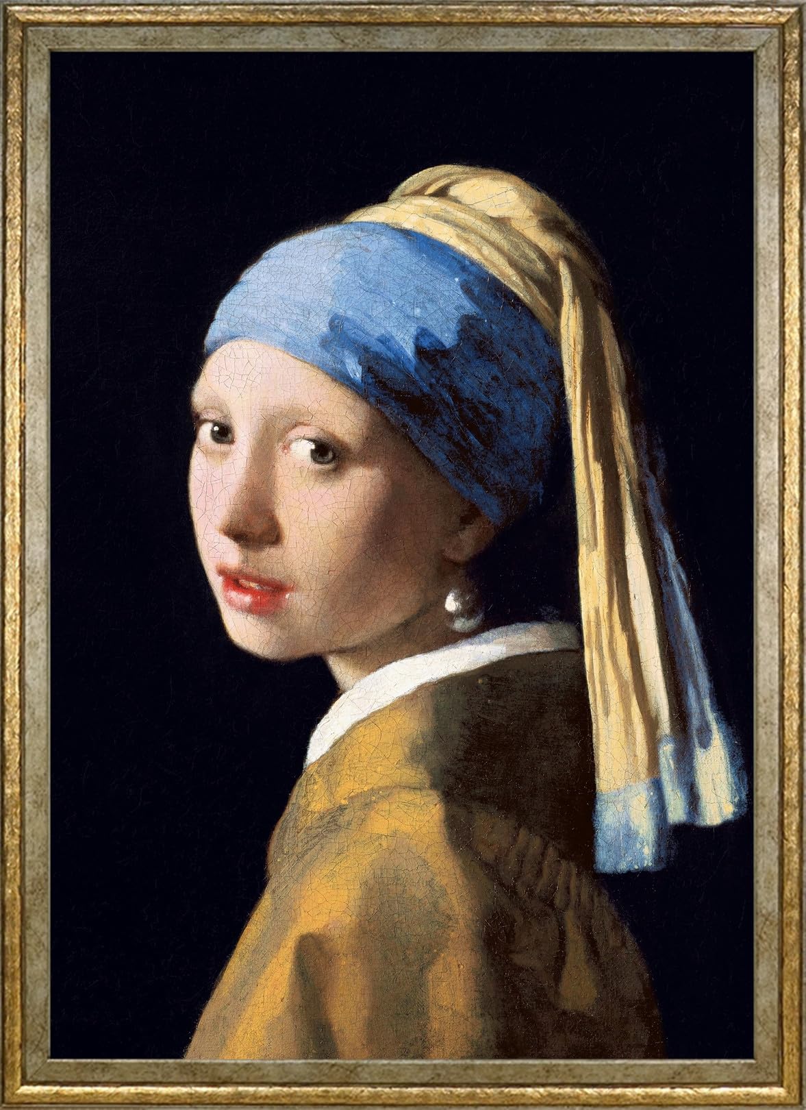 Размер A3 Интерьерное искусство Золотая рама Девочка с жемчугом Девочка в синем Постер, Картина, Постер, Обои, Шедевр, (Ян Вермеер, Серьга, Тюрбан)