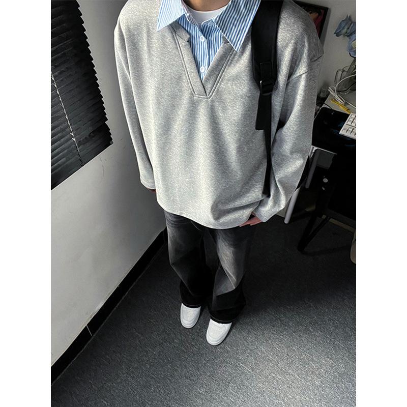 

Vintage 2025 fashion fake two-piece splicing lapel sweater men s autumn trendy brand loose pullover XXXL сірий колір