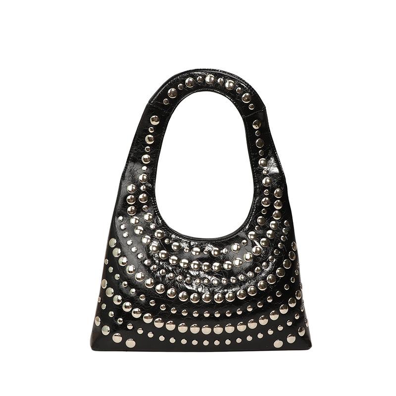 2025 European and American Rivet Handbag One Shoulder Niche Design Large Capacity Women's Armpit Bag Pure Vintage Women's Bag