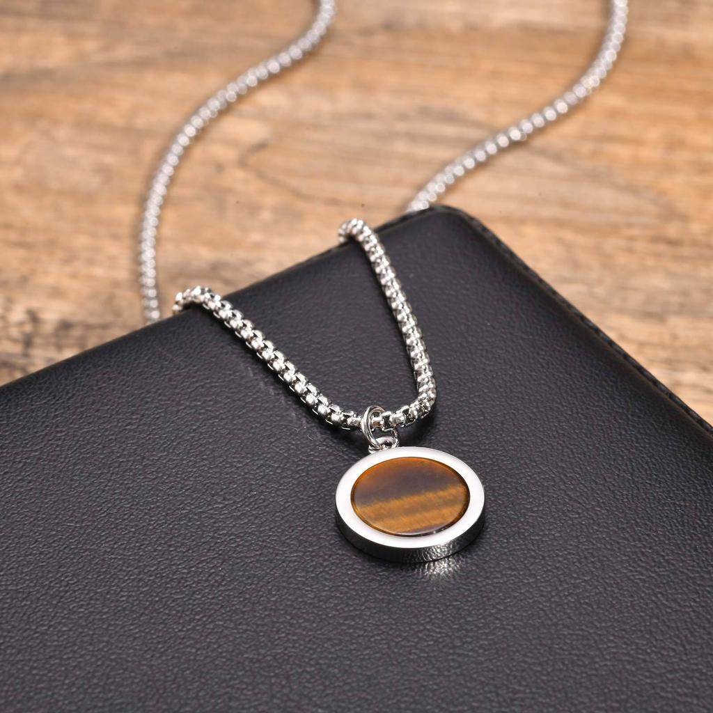 Round Pendant Necklace for Men Boys,Stainless Steel Tiger Eye Natural Stone Pendant Necklaces,Hip Hop Jewelry Gifts