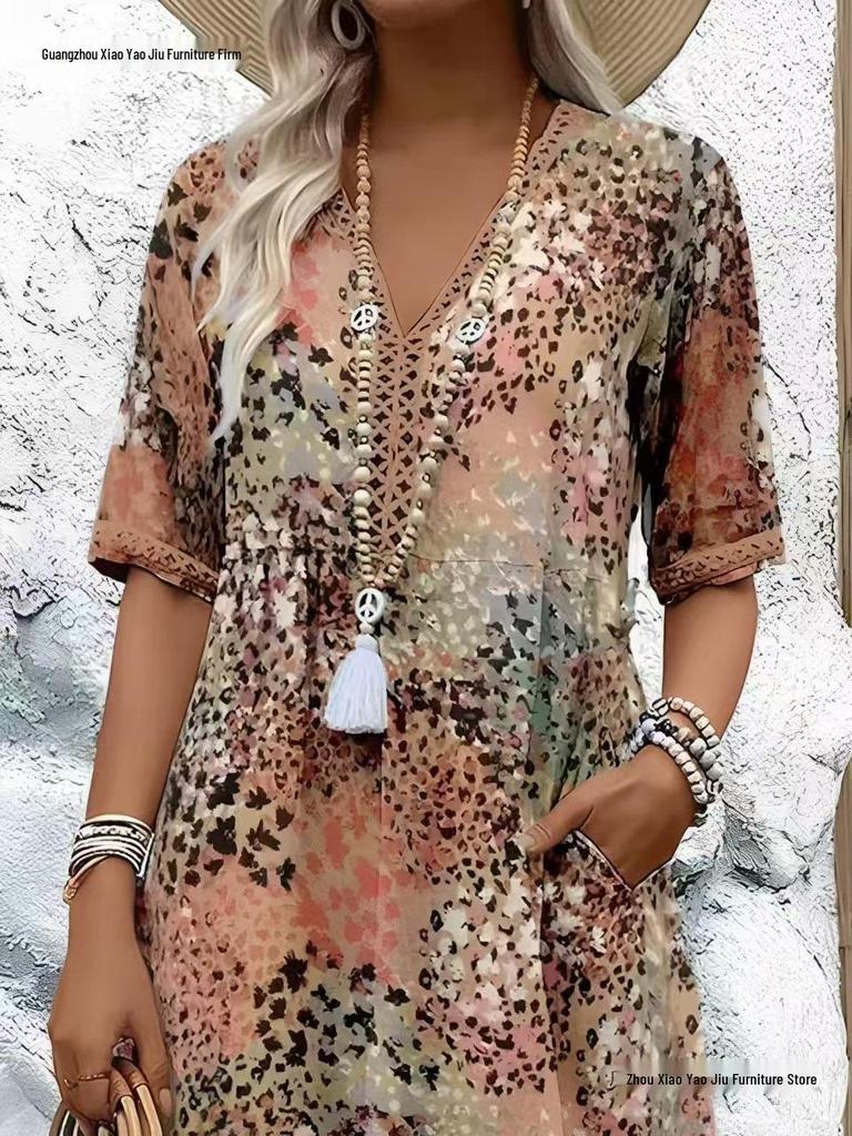 2026 European & American Fashion V-Neck Lace Trim Printed Short-Sleeve Dress