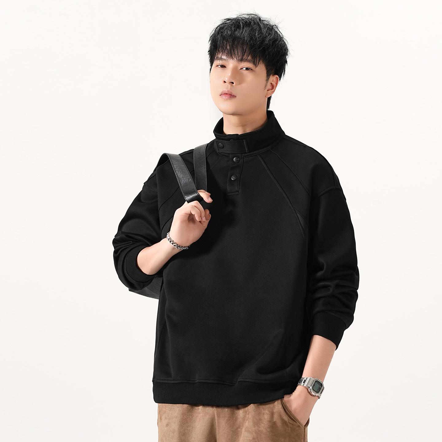 Men s Trendy Retro Stand Collar Patchwork Polo Hoodie L fits 130-150 jin чёрный