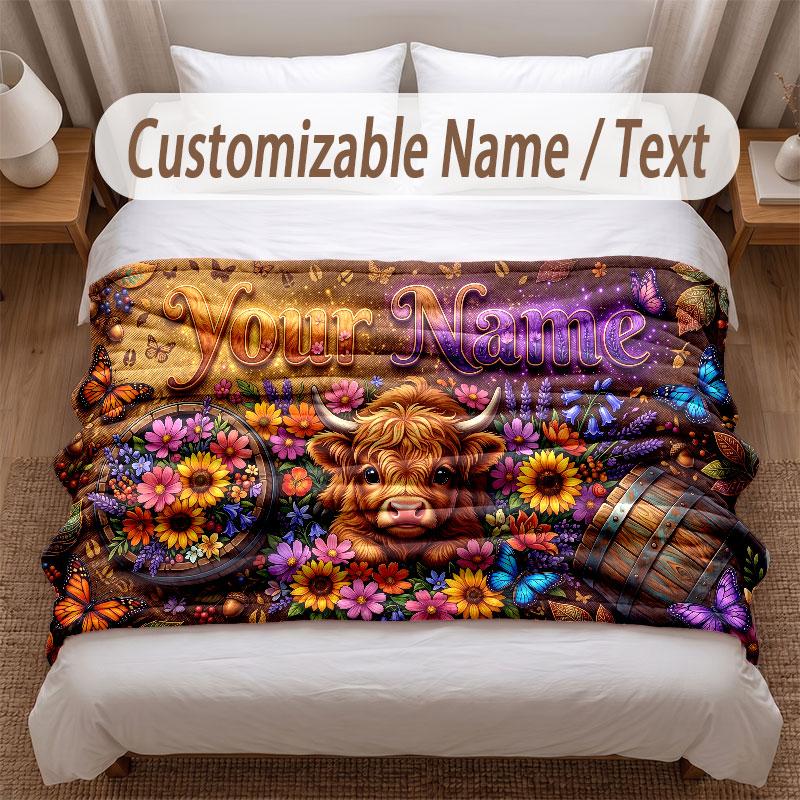 Highland Cow Theme Soft Blanket Personalized Custom Name Text Print Warm Blanket Home Sofa Bedroom Decor