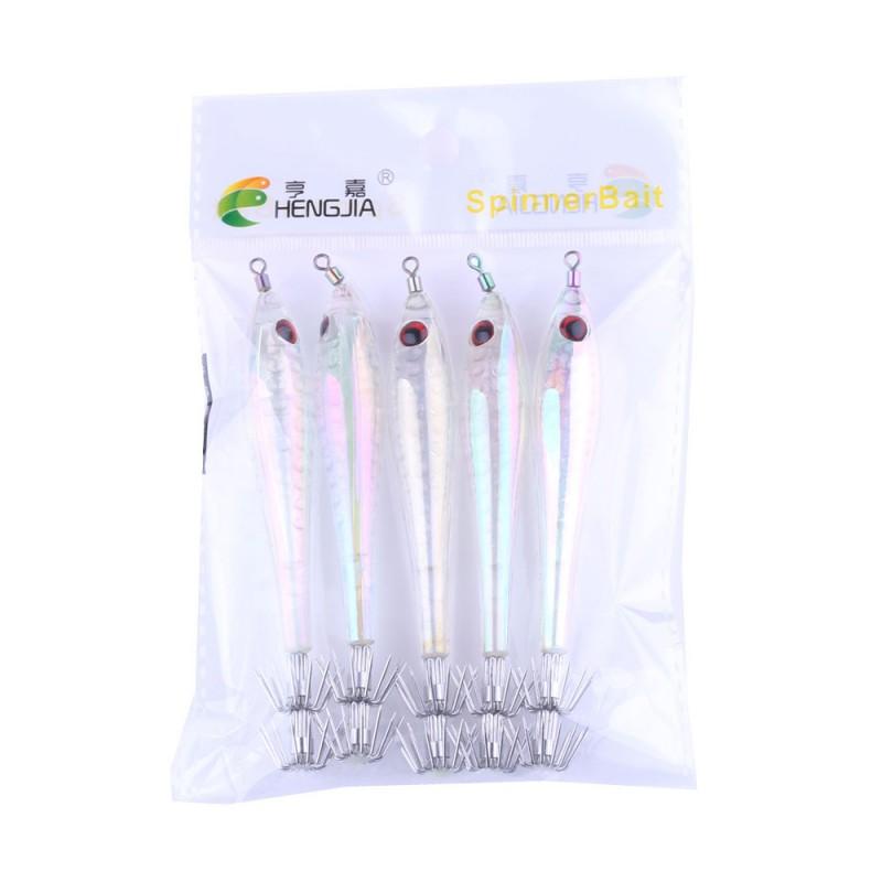 HENGJIA 5pcs Glow-in-the-Dark Squid Jig 9.5cm 6g Sea Fishing Trolling Lure Soft Bait