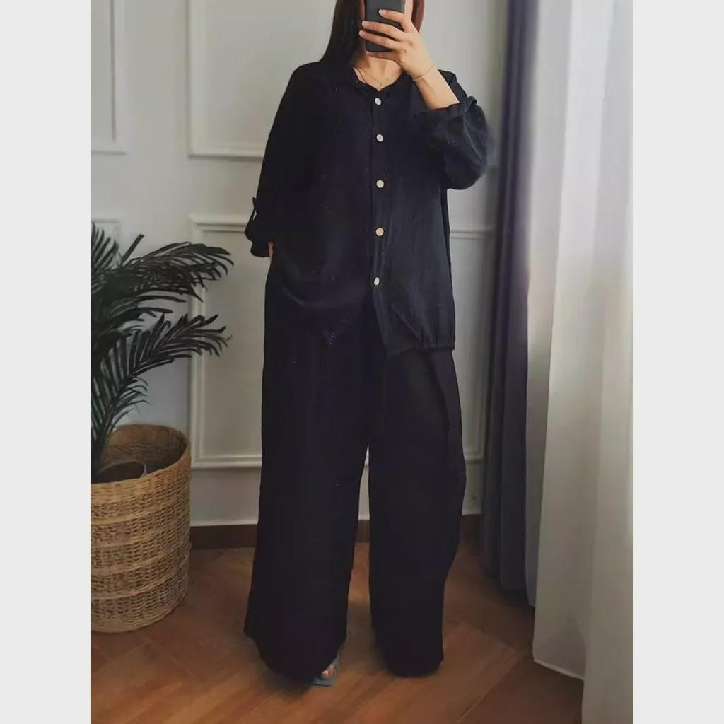 Plus Size Cotton Linen High Waist Shirt Set - Loose Fit, Solid Color, Long Sleeve, Suitable for Spring and Autumn.
