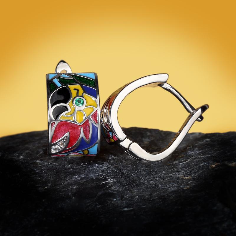 Silver Handmade Enamel Parrot Colorful Unique Earrings Fashion Jewelry For Ladies Geometric Bohemia Earring