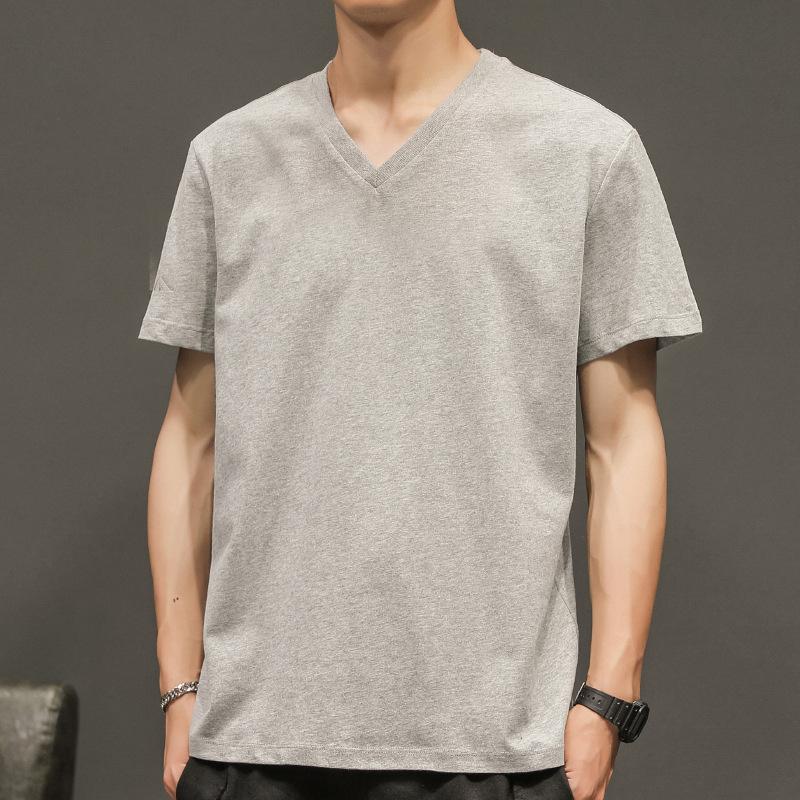 Men's Clothing Elastic Mens T-Shirt V-Neck Short-Sleeved High Qualtity Cotton Solid Leisure White Gray Bottoming Shirt Tops