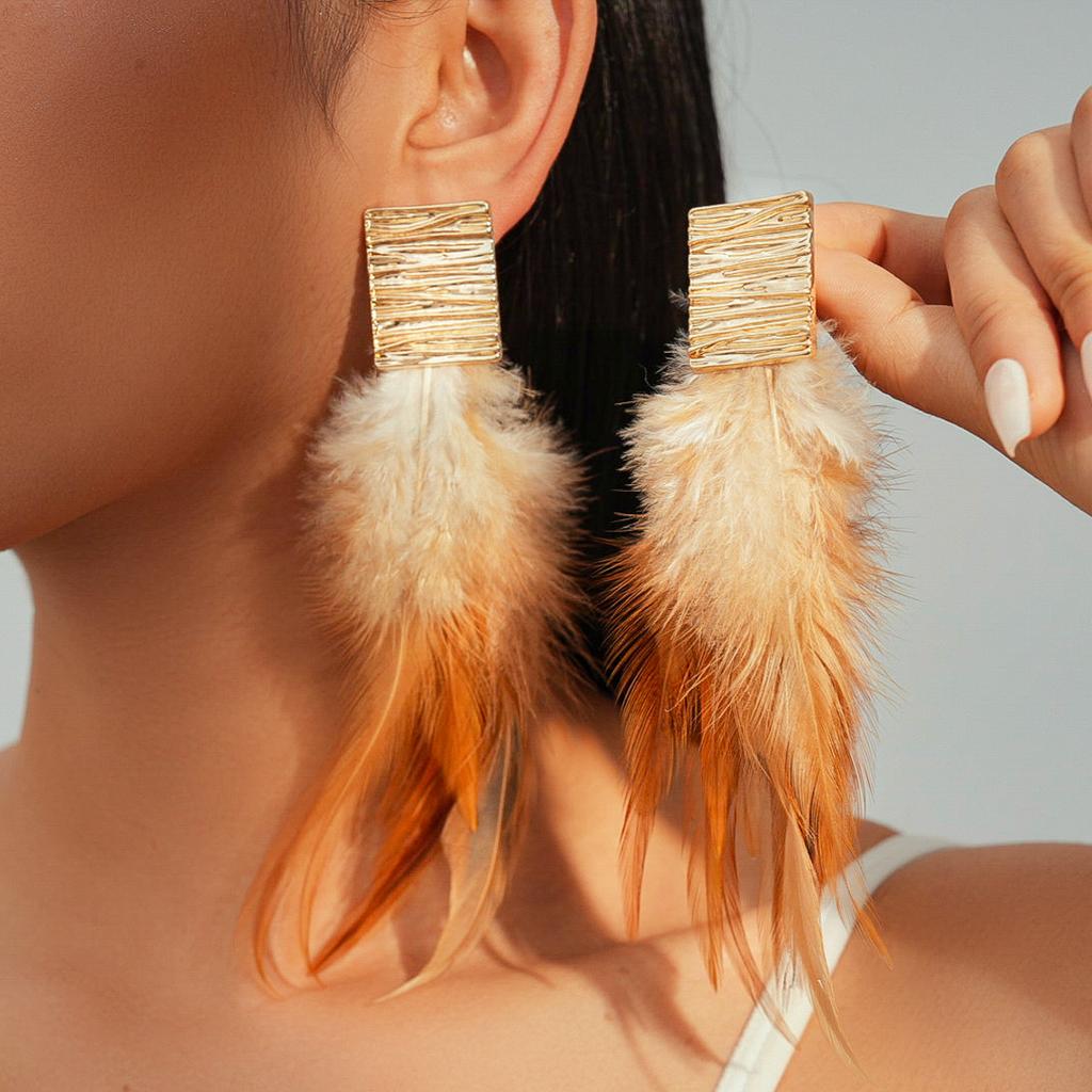 European and American exaggerated feather fringed square silver needle earrings Bohemian retro niche earrings