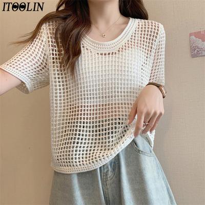 Casual For Women Beach Slim Tops O-Neck Summer Sexy Hollow Out Knitting Shirt Women Chic Short Sleeved Knitt T-shirt