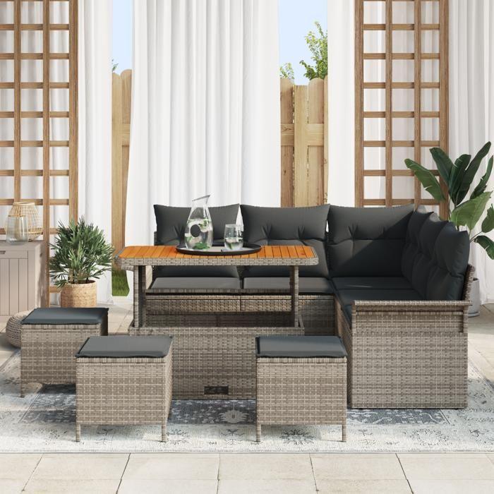 Ensemble de Canapé de Jardin de 9 Pièces avec Coussins Gris Poly Rattan Acacia, Canapé de Jardin 2 Places avec Coussins Gris 3362143