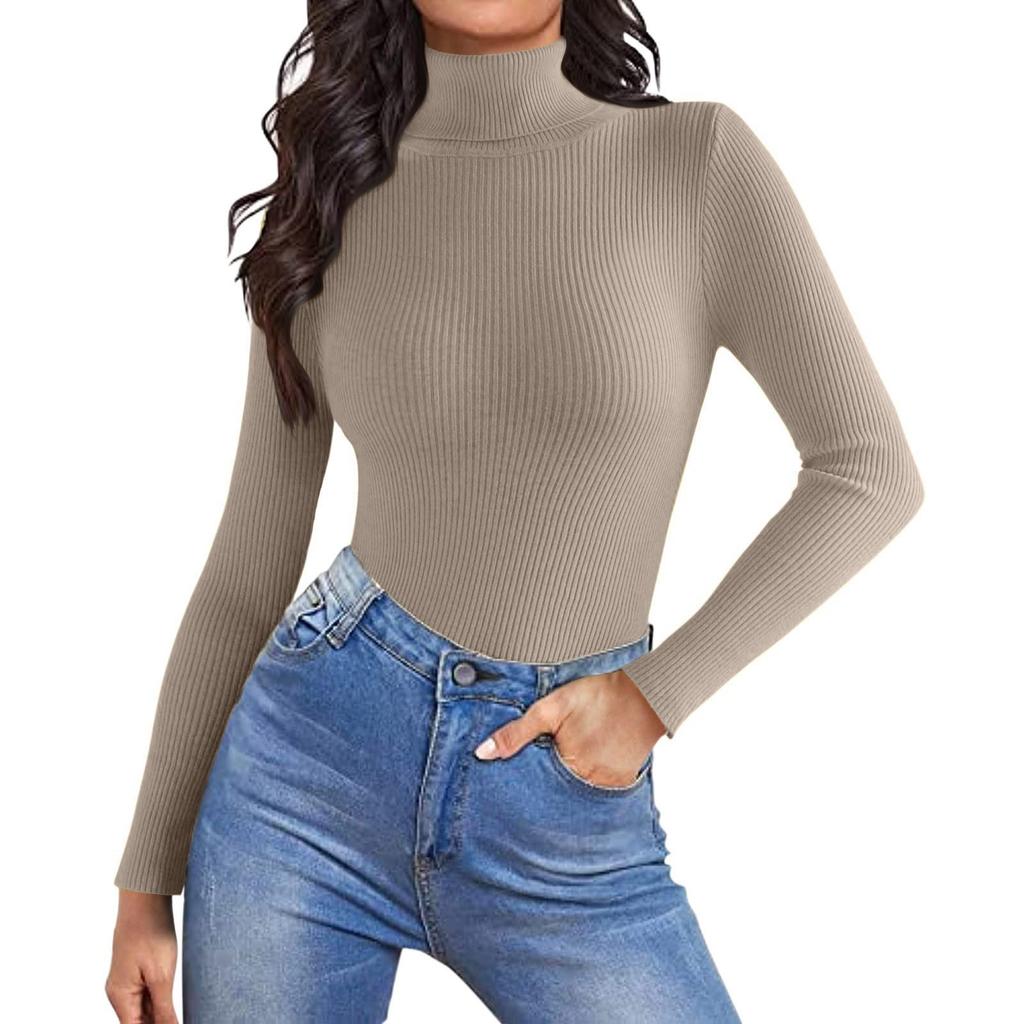 Women's Fashion High Neck Slim T-Shirt Long Sleeve Pullover Solid Colour Top