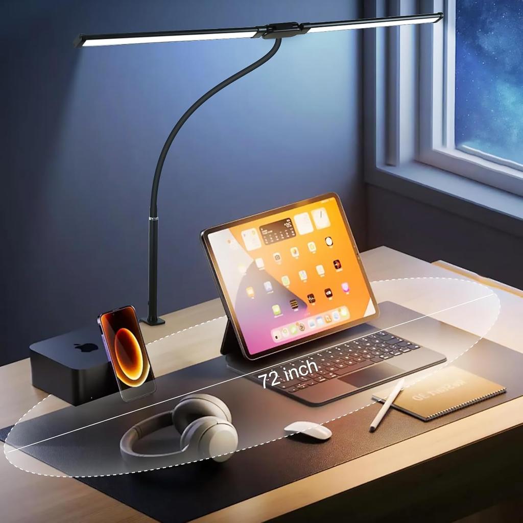 CANMEIJIA LED Desk Lamps for Home Office - Upgrade Dual Head Architect Task Lamp with Clamp & Adatper, 50 Lighting Modes Monitor Light Bar,