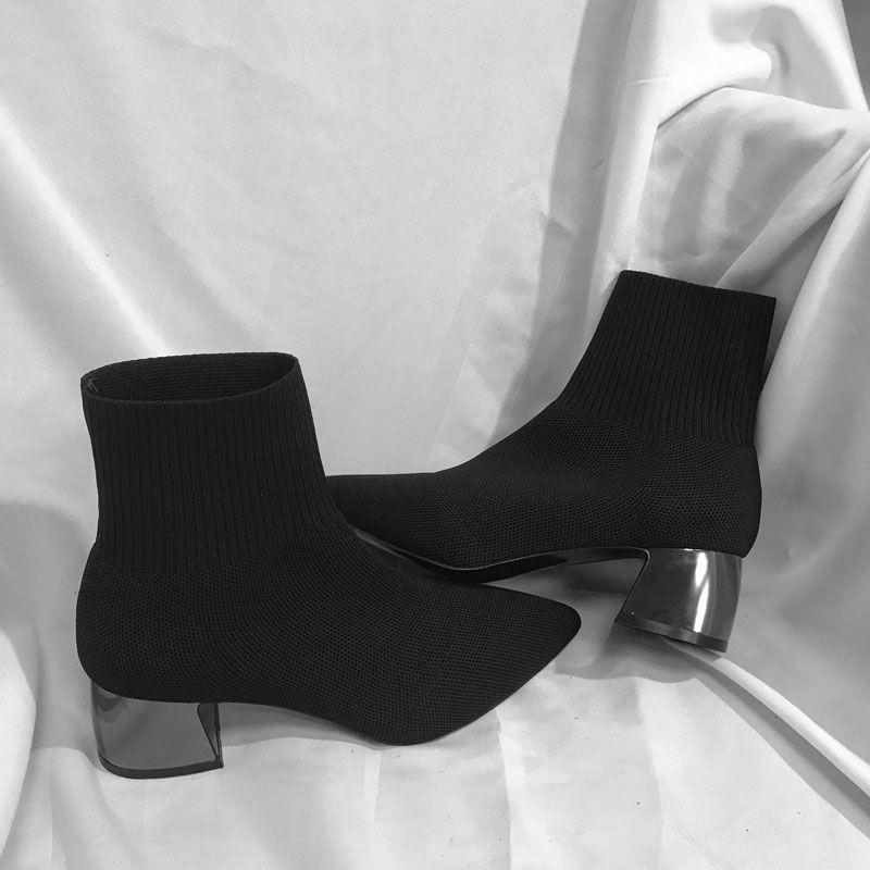 Comemore Autumn Winter Women's Spring Elastic Socks Boots Pointed Toe Chunky Heel Shoes Black Fashion Ankle Boot Free Shipping