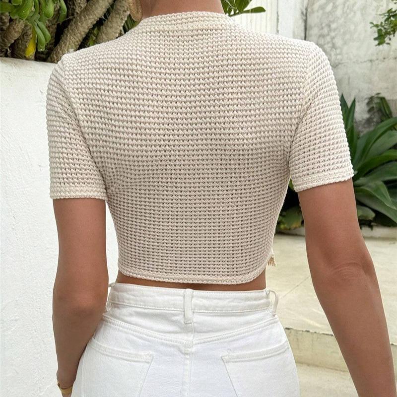 Round Neck Tassel Bottom Short T-shirt Spring/Summer New Women Slim Fit Crop Top Ladies Fashion Elegant Casual Solid Color Shirt Office Sweet Clothing