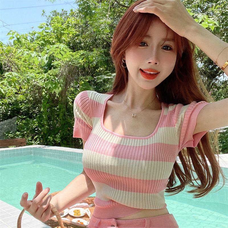 Rainbow Striped Knitted Short-sleeved Women's Pure Sexy Ice Silk Square Collar Design Top