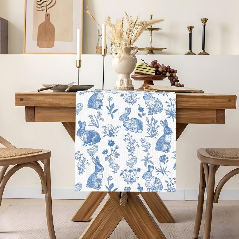 1PCS Chinoiserie Blue Flower Linen Table Runner Reusable Dresser Scarf Kitchen Dining Table Decor Holiday Party Decor