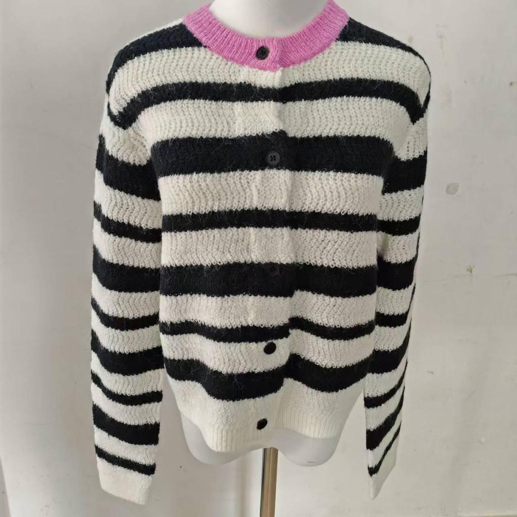 2025 Autumn/Winter Shen Mengchen Style Black Striped Knit Cardigan Sweater