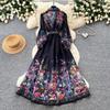 Vintage Black Floral Printted Maxi Dress Long Chiffon Sleeve Elegant Spring Palace Print Single-breasted Shirt Dress with Belt