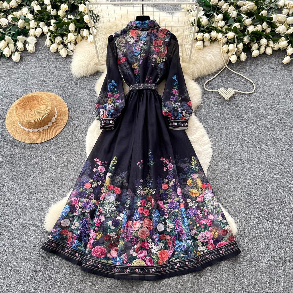 Vintage Black Floral Printted Maxi Dress Long Chiffon Sleeve Elegant Spring Palace Print Single-breasted Shirt Dress with Belt