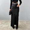Faux Leather Maxi Skirt Solid Color High Waist Slit Hem Maxi Skirt Windproof Velvet Lining Straight Fit Long Skirt